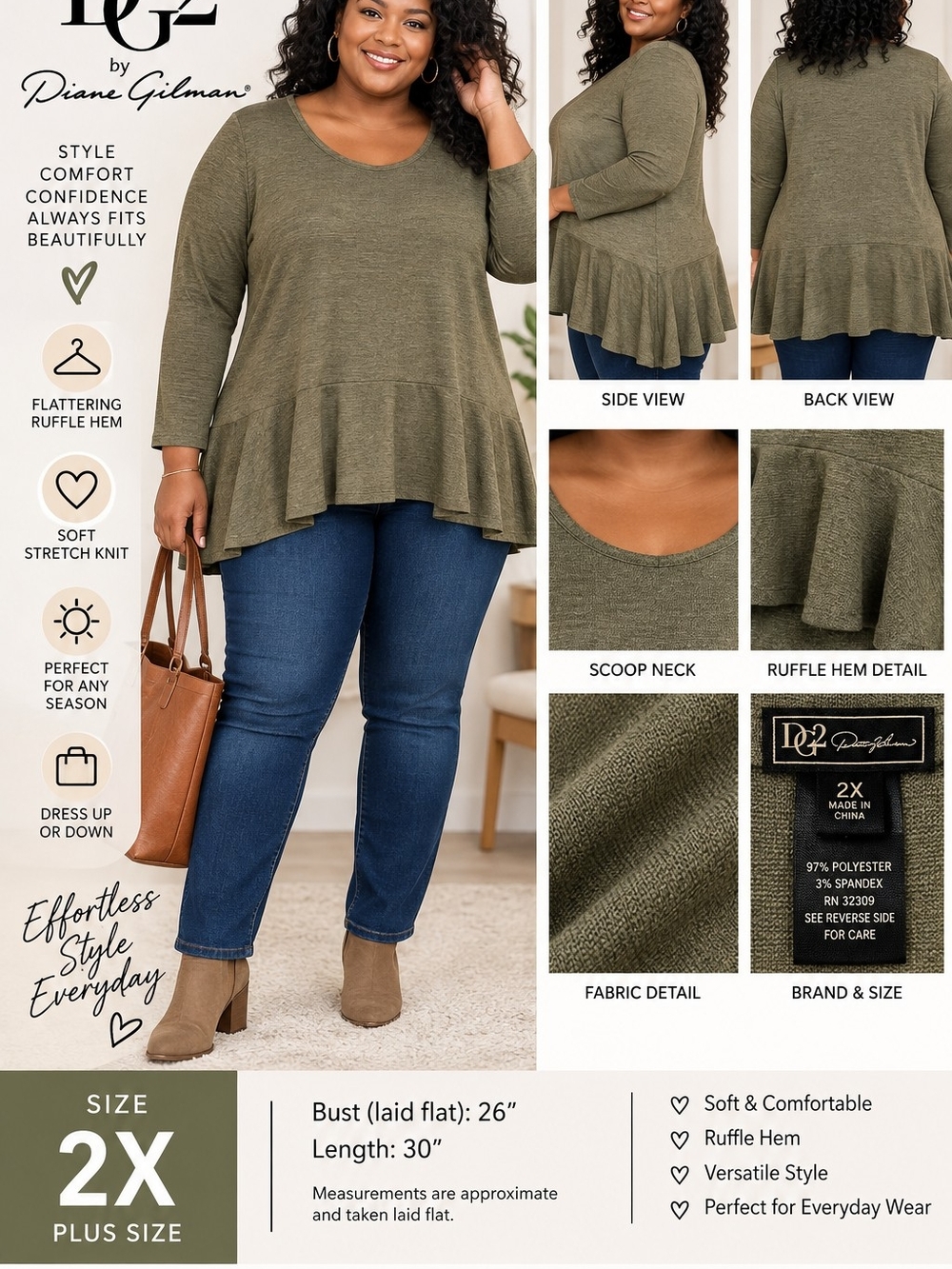 DG2 Diane Gilman 2X Olive Green Ruffle Hem Long Sleeve Tunic Top NWT